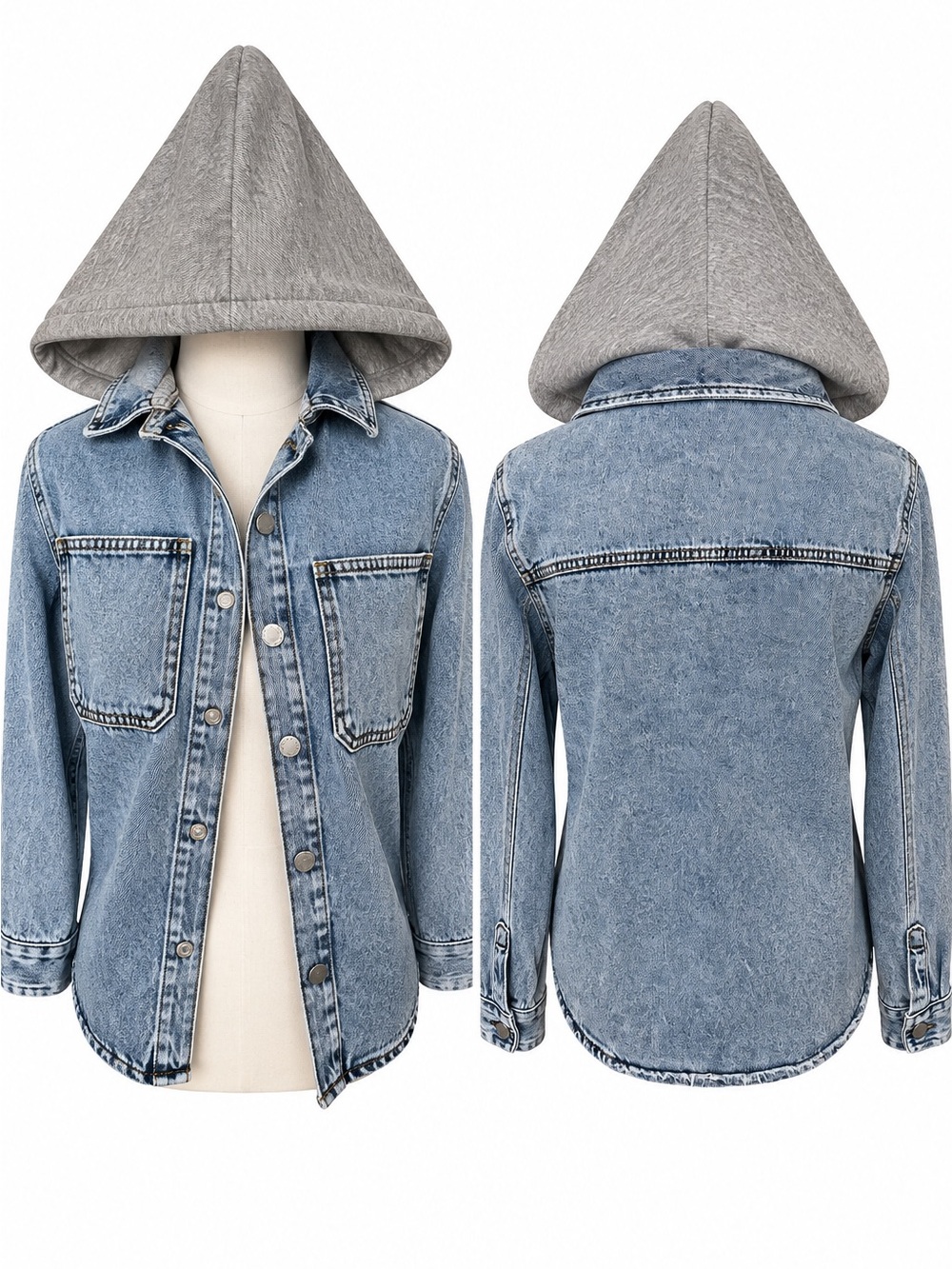 Zara Light Wash Denim Jacket with Gray Hood